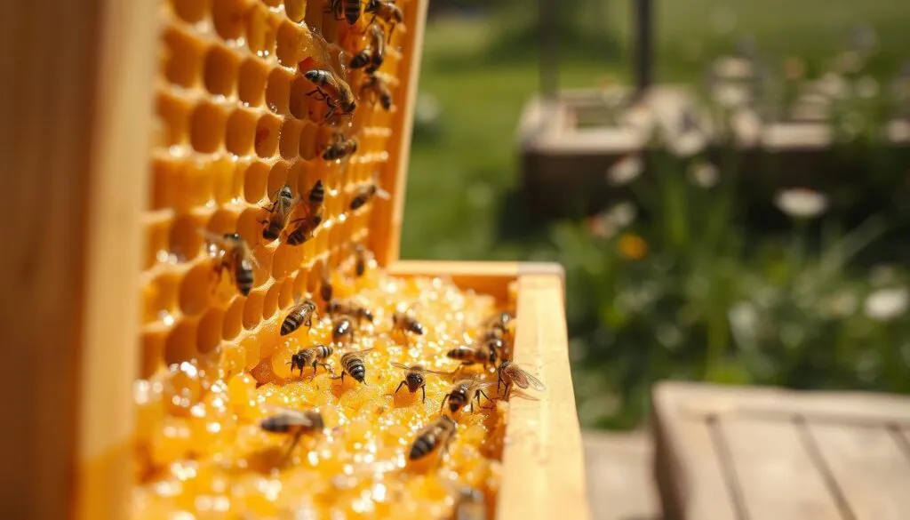 A beautifully detailed close-up of a hive frame, showcasing the intricate honeycomb structure filled with golden honey and busy bees. In the foreground, a well-crafted wooden frame is highlighted, with glistening drops of honey catching the light. The middle ground depicts a few bees actively working, demonstrating their importance in the process of building the hive. In the background, an out-of-focus view of an apiary with green grass and blooming flowers reflects a sunny, serene day. Soft, natural lighting illuminates the scene, creating a warm and inviting atmosphere. The composition captures the essence of beekeeping, emphasizing the connection between bees and their environment. A macro lens effect brings out the detail in the honey and bees, while a shallow depth of field focuses the viewer's attention on the hive frame. A beautifully detailed close-up of a hive frame, showcasing the intricate honeycomb structure filled with golden honey and