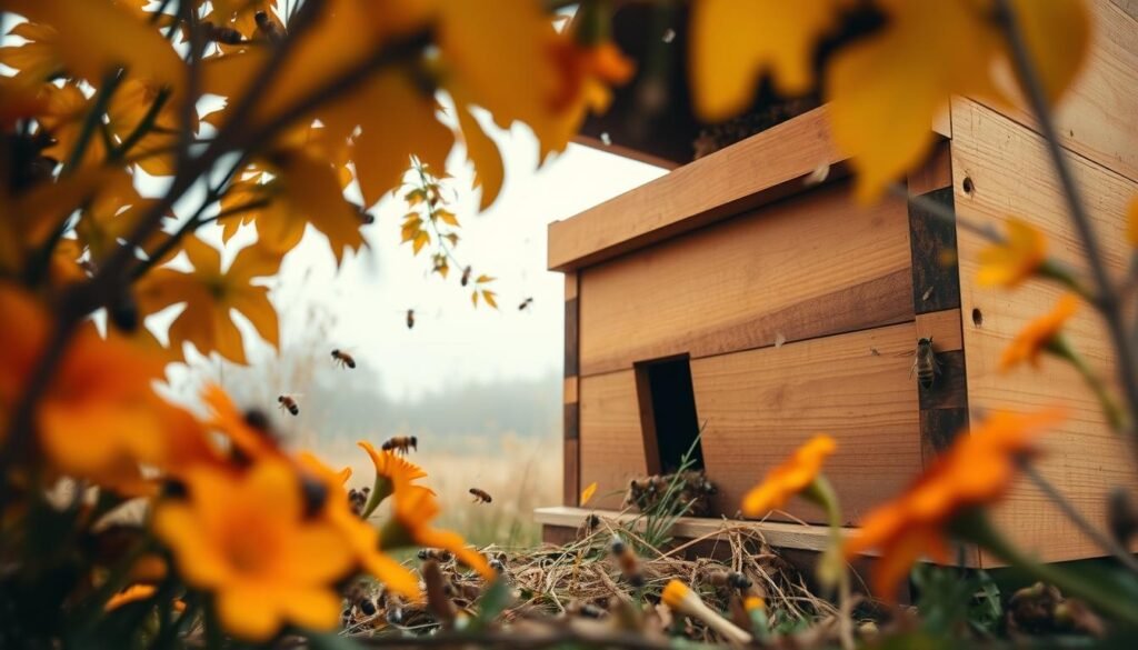 A beautifully detailed hive entrance nestled among vibrant seasonal flowers, showcasing the transition between autumn and winter in the United States. In the foreground, bees are gently buzzing around the hive entrance, framed by vivid golden and orange foliage. The middle ground features the hive itself, constructed from natural wood, exhibiting warm, rustic tones with an entrance reducer partially in place, suggesting adaptability to changing weather conditions. The background reveals a soft-focus view of a tranquil landscape with gently falling leaves and a soft overcast sky, casting diffused light, enhancing the serene atmosphere. Capture this scene from a low angle to emphasize the hive and its surroundings, creating a welcoming and peaceful ambiance, perfect for illustrating effective hive entrance management strategies.