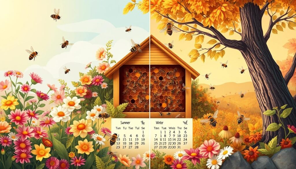 A beautifully illustrated seasonal calendar featuring bees in their natural habitats, showcasing distinct activities for spring, summer, fall, and winter. In the foreground, vibrant flowers bloom, attracting bees during spring with colorful blossoms, followed by lush summer vegetation where bees gather pollen. The middle layer displays a bustling beehive, emphasizing the bees' activity during peak seasons. In the fall, leaves change colors, and bees are seen preparing for winter, storing honey. The background features a gentle transition of seasons with a bright spring sky and a soft golden sunset in the fall. Soft, warm lighting enhances the tenderness of nature. The atmosphere conveys a sense of harmony and cyclical beauty in the life of bees throughout the year. The composition should be vibrant, detailed, and engaging, inviting the viewer into the world of bees.
