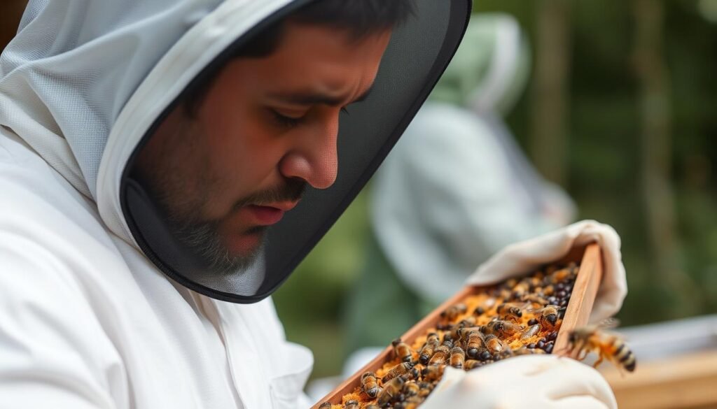 A beekeeper examining a frame with potential disease or pest issues