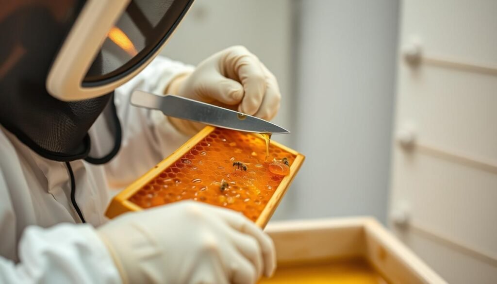 A beekeeper harvesting honey, uncapping a frame before extraction