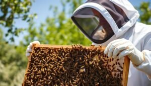 A beekeeper in protective gear inspecting a frame covered with honey bees on a sunny day