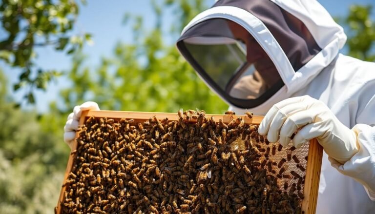 A beekeeper in protective gear inspecting a frame covered with honey bees on a sunny day