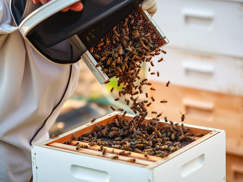 A beekeeper installing a package of bees into a new hive