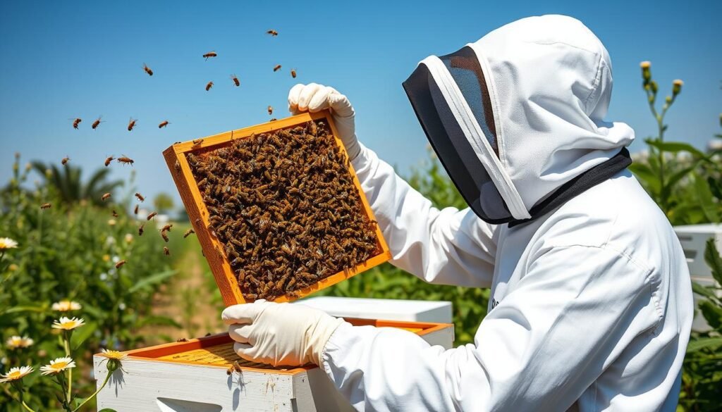 A beekeeper performing a hive inspection with bees flying around the open hive