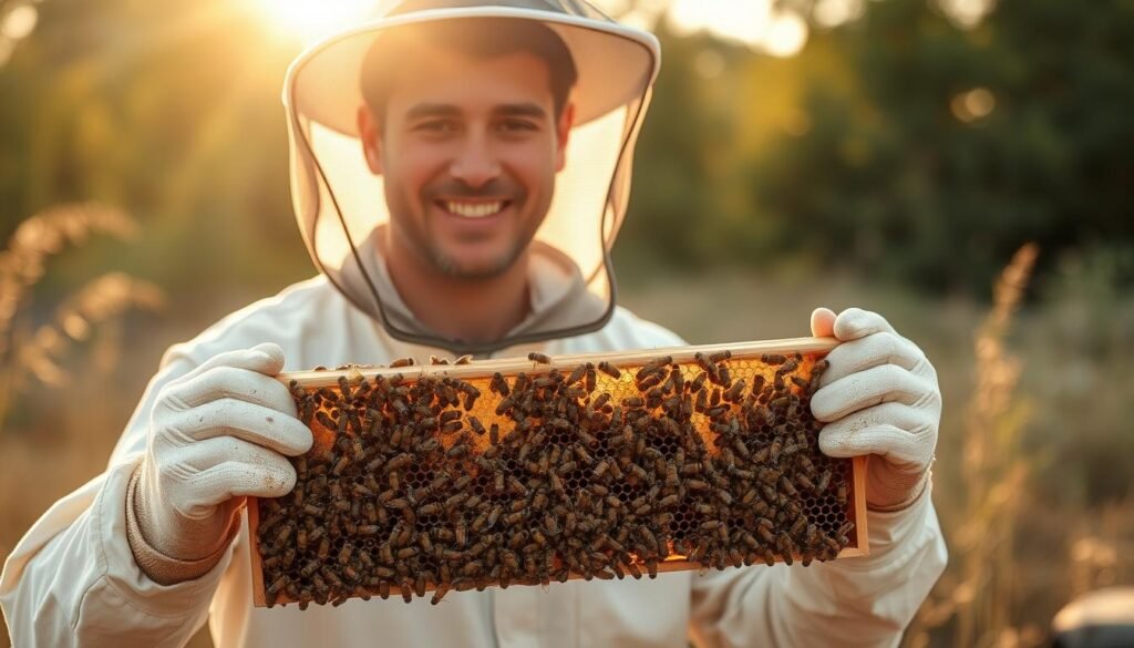 A beekeeper without protective veil smiling while gently holding a frame of bees, demonstrating comfort and connection with the bees