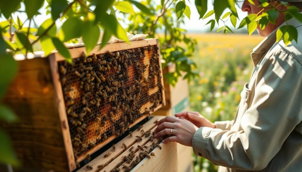 A beekeeping setup focused on managing varroa mites during nectar dearth. In the foreground, a beekeeper in modest casual clothing inspects a vibrant beehive filled with busy honeybees. The middle ground features detailed close-ups of the honeycomb and varroa mite traps, highlighting the proactive strategies used to control pests. Sunlight filters through green foliage, creating a warm, inviting atmosphere that emphasizes a harmonious relationship between the beekeeper and nature. The background showcases a field of wildflowers, symbolizing the struggle for nectar. The scene is captured with a slightly shallow depth of field, ensuring the beekeeper and the hive are the focal points, exuding a sense of calm determination in the face of challenges.