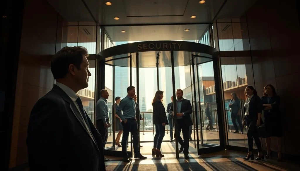 A bustling entrance to a modern office building during early morning hours, where the ambience is a mix of anticipation and tension. In the foreground, a well-dressed security guard attentively observes a group of casually dressed individuals entering, exchanging furtive glances, suggesting potential trouble. In the middle ground, a revolving glass door reveals a polished lobby filled with professional attire, reflecting a sense of order. The background features a sleek, urban landscape with soft sunlight filtering through tall buildings, casting long shadows. The lighting is warm and inviting but carries an underlying urgency, creating a contrast between the seemingly peaceful entrance and the subtle signs of anxiety. The angle should be slightly low to emphasize the height of the buildings and the seriousness of the situation without being overly dramatic. A bustling entrance to a modern office building during early morning hours, where the ambience is a mix of anticipation and