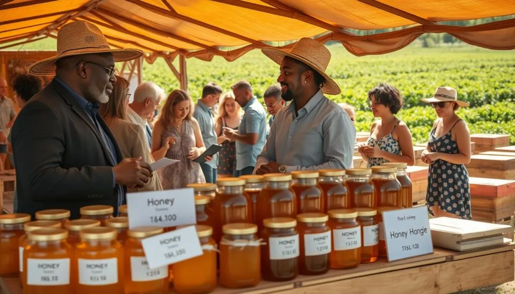 A bustling farmers market scene focused on honey economics, with two beekeepers in professional business attire discussing