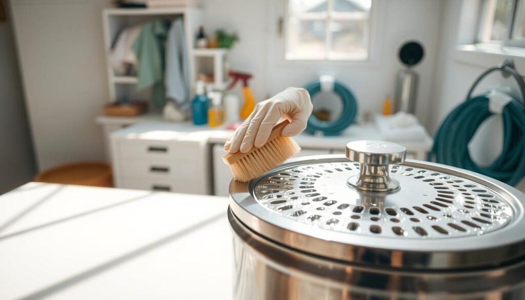 A clean, stainless steel honey extractor positioned prominently in the foreground, showcasing its gleaming surface reflecting bright, natural light. In the middle, a pair of hands wearing protective gloves gently scrubbing the extractor with a soft brush, ensuring every nook and cranny is spotless. The background features a well-organized cleaning station with various tools like cloths, cleaning solutions, and a garden hose, highlighting the process of maintenance. The setting is a clean, bright kitchen or workshop with soft daylight streaming in through a window, creating a fresh, inviting atmosphere. The angle captures the action up close, emphasizing the care taken in maintaining the equipment and the attention to detail in this essential cleaning step.