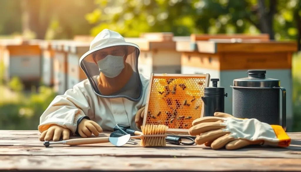 A clear, well-lit image of essential beekeeping safety gear and tools arranged on a rustic wooden surface, evoking a practical and informative atmosphere. In the foreground, prominently display a protective beekeeping suit, a ventilated veil, and heavy-duty gloves, accented by a hive tool and a smoker. In the middle, position a sturdy bee brush and a honeycomb frame, showcasing detail and texture. The background features a blurred apiary scene with beehives under soft, natural sunlight, creating a serene outdoor mood. Use a shallow depth of field to focus on the gear while the background gently blurs. Emphasize bright, natural lighting to highlight the products and create an inviting, educational feel.