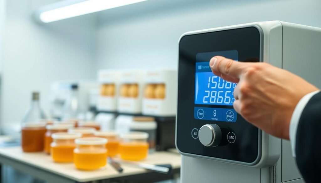 A close-up composition showcasing a modern temperature control device designed for wax storage, featuring a sleek digital display with temperature settings clearly visible. In the foreground, a hand is adjusting the controls, dressed in a professional business attire, ensuring the focus is on the interaction with the device. The middle ground includes a neatly arranged workbench with wax containers and tools used for wax maintenance. The background is softly blurred, hinting at a well-lit laboratory setting with soft, neutral colors, enhancing the focus on the temperature control. The lighting is bright yet diffused, creating a clean and organized atmosphere that suggests efficiency and professionalism in wax preservation.