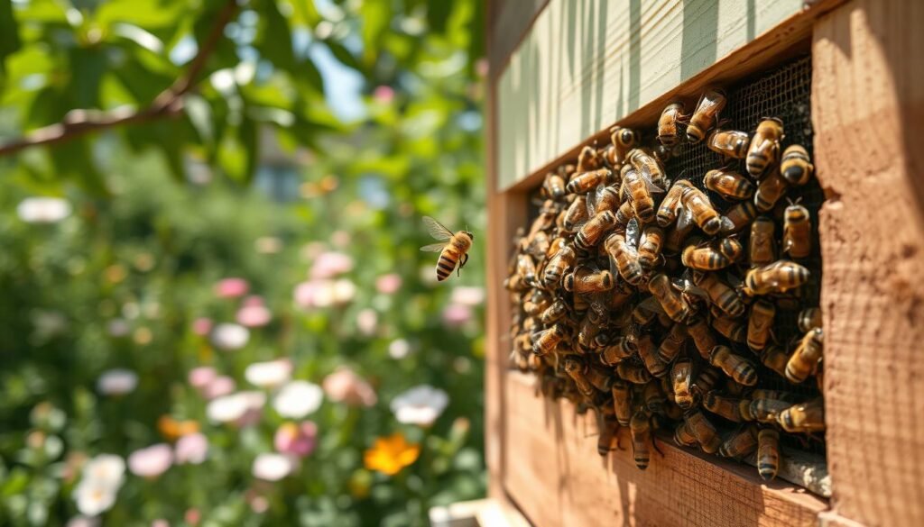 A close-up image capturing bees bearding on the entrance of a wooden beehive during a sunny afternoon. In the foreground, a cluster of bees is densely gathered around the hive’s entrance, with some bees taking flight, showcasing their fuzzy bodies and delicate wings. The middle ground features the rustic wooden hive, partially painted in soft pastel colors, hinting at a sunny environment. The background shows a vibrant garden filled with blooming flowers and green foliage, creating a lively yet serene atmosphere. The sunlight filters through the leaves, casting dappled shadows on the scene, highlighting the intricate details of the bees and the hive. The mood is calm and natural, inviting viewers to appreciate the beauty of these hardworking pollinators. A close-up image capturing bees bearding on the entrance of a wooden beehive during a sunny afternoon. In the foreground, a cluster of bees is densely gathered around the hive’s entrance, with some bees taking flight, showcasing their fuzzy bodies and delicate wings. The middle ground features the rustic wooden hive, partially painted in soft pastel colors, hinting at a sunny environment. The background shows a vibrant garden filled with blooming flowers and green foliage, creating a lively yet serene atmosphere. The sunlight filters through the leaves, casting dappled shadows on the scene, highlighting the intricate details of the bees and the hive. The mood is calm and natural, inviting viewers to appreciate the beauty of these hardworking pollinators.