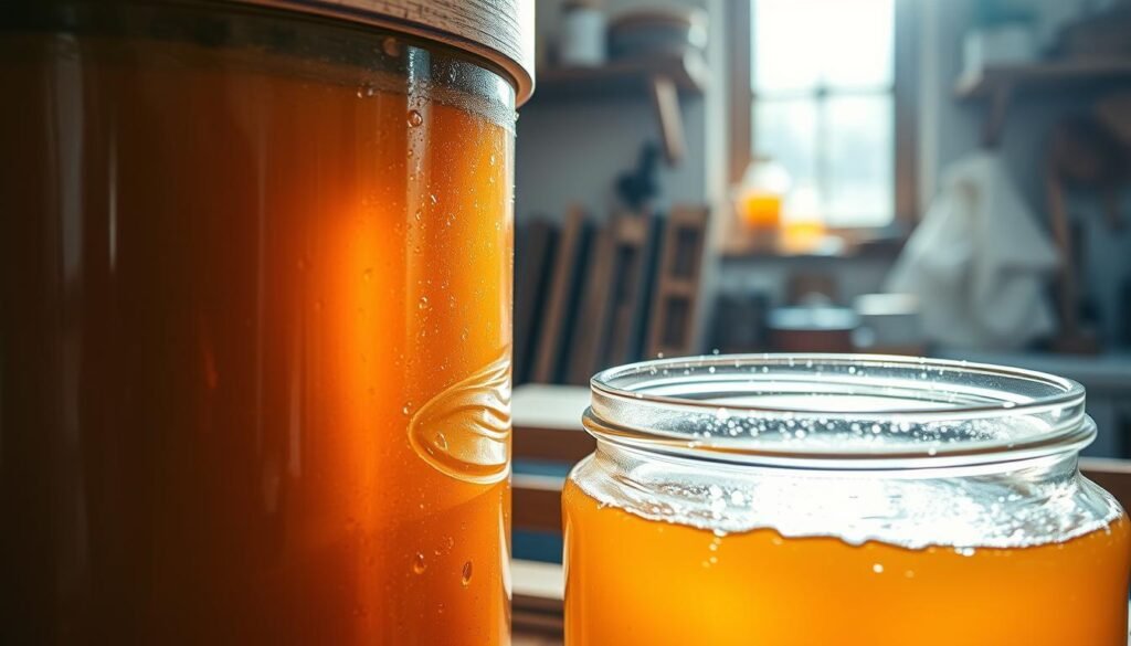 A close-up image of a honey extraction setup, showcasing a glistening jar of raw honey with visible moisture droplets forming on the glass surface. In the foreground, a wooden honey extractor is partially visible, with honeycomb frames leaning against it. The middle layer includes a backdrop of natural sunlight filtering through a window, casting soft, warm light that highlights the rich amber color of the honey. In the background, gentle hints of a rustic kitchen environment with shelves of jars and beekeeping tools add context. The overall mood is warm and inviting, emphasizing the importance of moisture control in honey extraction. The composition should use a shallow depth of field, focusing on the honey while softly blurring the background for an appealing aesthetic.
