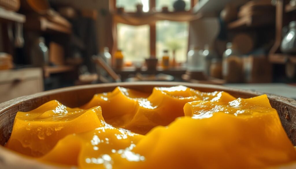A close-up image of beeswax being cooled in a shallow, wooden mold. The foreground features the glistening golden beeswax with delicate textures, showing the intricate surface details and the gradual cooling process. In the middle, a soft, natural light illuminates the scene, highlighting the warm hues of the beeswax and creating subtle shadows around the mold. The background includes a blurred view of a cozy workshop filled with natural materials like honeycombs, bees, and jars, suggesting an organic crafting environment. The overall atmosphere is tranquil and inviting, evoking a sense of artisanal craftsmanship and the purity of natural processes. The camera angle captures the richness of the beeswax, inviting the viewer to appreciate the art of controlled cooling and molding.