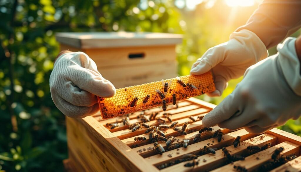 A close-up image of hands carefully removing burr comb from a beehive frame. In the foreground, the hands are wearing protective gloves, gently gripping a bee frame with small burr comb visible. The middle section features a well-maintained wooden hive, with bees busy around it, emphasizing the importance of a clean hive environment. In the background, a lush garden scene brings a bright, natural ambiance, with soft sunlight filtering through the leaves, creating a warm and inviting atmosphere. The composition should have a shallow depth of field to focus on the action of removing the burr comb, while soft bokeh highlights the surrounding details. The mood is calm and purposeful, reflecting professionalism in beekeeping practices.