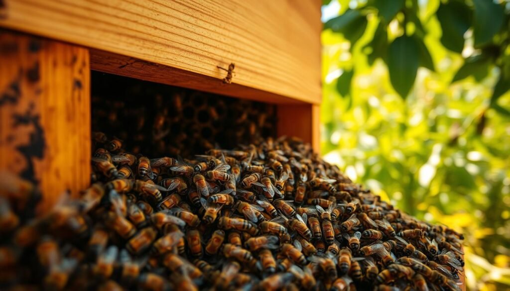 A close-up of a beehive entrance bustling with bees, capturing a scene of bearding behavior. In the foreground, clusters of bees are densely gathering around the hive’s entrance, their wings glistening with sunlight. The middle ground features the wooden hive, partially open to reveal the dark interior filled with honeycomb. In the background, a lush green garden provides a vibrant, blurred backdrop, hinting at the natural habitat. The lighting is warm and inviting, suggesting late afternoon sun filtering through leaves. The atmosphere is lively yet calm, showcasing the harmonious activity of bees as they cluster, illustrating the distinction between bearding and swarming. The focus is sharp on the bees and the hive, utilizing a macro lens effect to enhance detail and texture, while creating a soft bokeh for added depth.