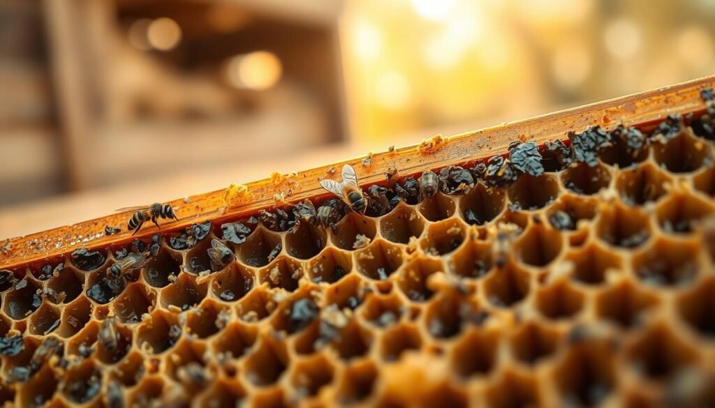 A close-up of a beeswax frame displaying vivid, intricate details of residue build-up within the wax cells, set against a softly blurred wooden hive backdrop. The foreground focuses on the uneven texture of the wax, highlighting the contrasting dark and light shades of the residue, which appears slightly crystalline and dull in nature. In the middle ground, a bee can be seen crawling over the wax, emphasizing the natural environment of beekeeping. The background features hints of soft, golden sunlight filtering through a natural setting, casting warm, inviting tones and enhancing the mood of organic and clean beekeeping practices. The overall composition conveys a sense of caution and reflection on the importance of preserving pure beekeeping methods.