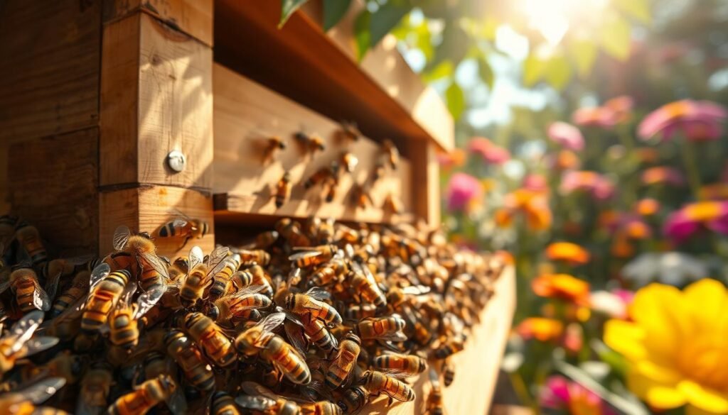 A close-up of a bustling beehive in a vibrant garden setting, showcasing busy bees actively working together to prevent swarming. In the foreground, a cluster of bees is visible, each distinctly detailed with glistening wings and pollen on their legs, showing their dedication to hive productivity. The middle ground features the hive structure, painted in natural wood tones, with frames partially exposed and honeycomb visible, glistening in the sunlight. In the background, blurred flowers bloom brightly, attracting foragers, creating a lively atmosphere. Soft, warm sunlight filters through leaves above, casting dappled light across the scene. The overall mood is harmonious and industrious, emphasizing cooperation among bees to boost honey yield while maintaining forager safety.