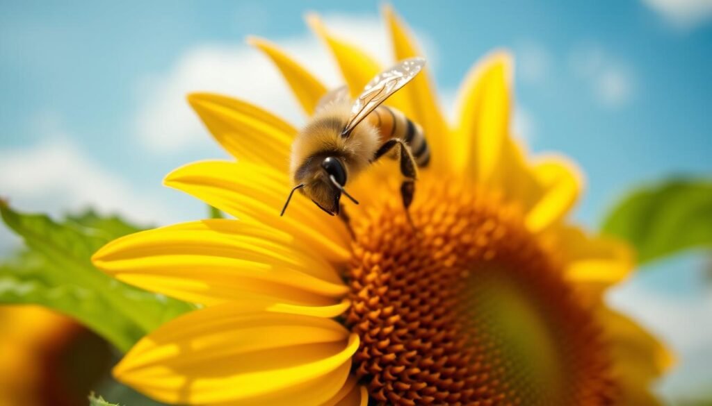 A close-up of a honey bee delicately perched on a vibrant sunflower, showcasing its intricate patterns and fuzzy body covered in pollen. The foreground features the bee in sharp focus, with its detailed wings glistening in the sunlight. In the middle ground, the bright yellow petals of the sunflower create a warm contrast, while soft green leaves blur slightly, enhancing the bee's prominence. The background features a gentle blur of a blue sky with a few fluffy clouds, indicating a pleasant day. The lighting is natural and soft, with the sun casting a warm glow, creating a serene and harmonious atmosphere that emphasizes the importance of bees in nature.