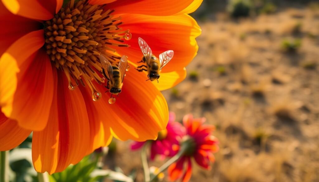 A close-up of a vibrant flower, abundant and rich with nectar, showcasing glistening droplets of liquid caught in its petals. In the foreground, bees hover eagerly, their wings a blur, demonstrating a sense of urgency and determination. The middle ground features other colorful flowers in various stages of bloom, hinting at a lush environment that contrasts with the theme of scarcity. The background fades softly into an arid landscape, illustrating drought conditions with browning grass and wilting plants. The lighting is warm and golden, simulating a late afternoon sun to evoke a sense of both abundance and impending loss. The mood is tense yet beautiful, capturing the struggle for survival amidst the beauty of nature.