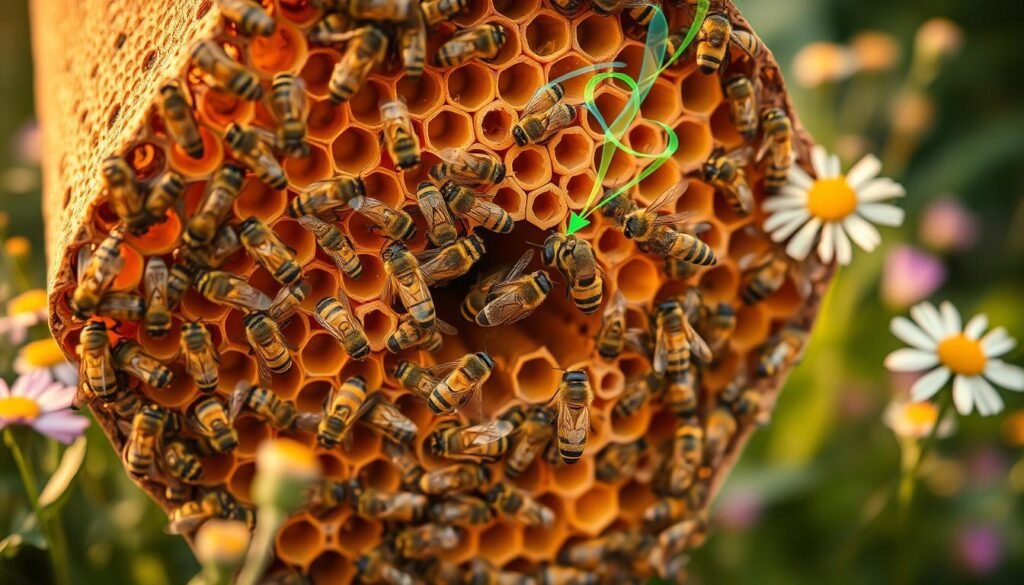 A close-up of a vibrant, hexagonal bee hive at the center of the image, filled with worker bees, drones, and a queen bee surrounded by nurturing workers. The bees are actively communicating, with wispy, colorful pheromone trails visibly spiraling around them, portrayed in shades of blue, green, and yellow to signify various signals. In the background, soft-focus wildflowers and lush greenery add depth, creating a natural, summery atmosphere. The lighting is warm and golden, reminiscent of sunset, casting gentle shadows that enhance the texture of the hive. Capture this scene with a macro lens perspective, emphasizing the intricate details of the bees and hive, conveying a sense of organization and harmony within the colony.