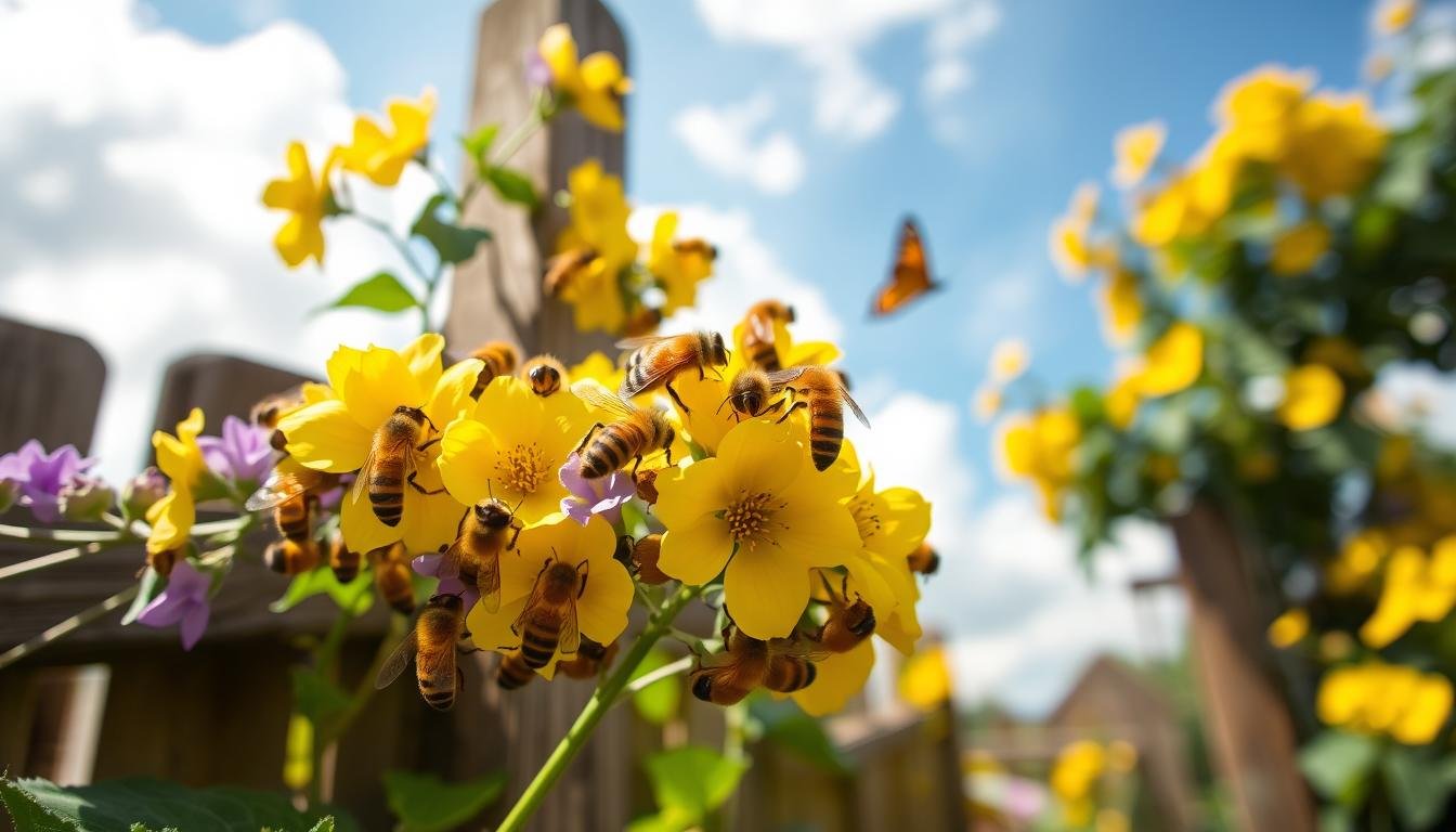 Honey bees collecting pollen from flowers, the raw material harvested through a pollen trap at the hive entrance