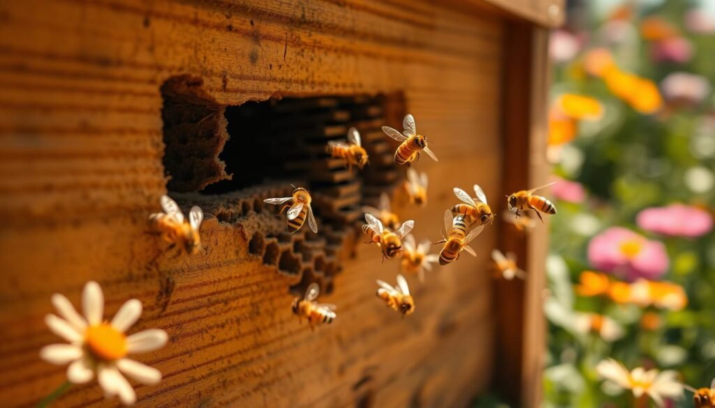 A close-up scene of nectar bees buzzing energetically at the entrance of a wooden beehive, set in a lush garden filled with colorful flowers. In the foreground, several bees can be seen actively mid-flight, with their delicate wings catching sunlight, creating a warm, golden glow. In the middle ground, the hive is detailed with an intricate texture of wood and honeycomb patterns, with some bees landing onto the hive’s entrance. The background features softly blurred flower blooms, enhancing the vibrant ecosystem. The lighting is bright and natural, with a soft focus effect to create a serene, harmonious atmosphere, evoking the essential role bees play in honey production. The scene celebrates the busy activity of these bees during a honey flow.