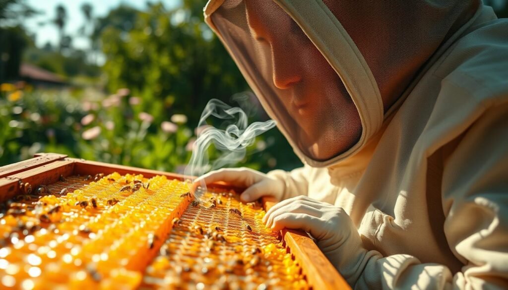 A close-up shot of a beekeeper, dressed in professional attire and a protective bee suit with a veil, examining frames of honeycomb inside a wooden hive. The foreground features detailed honeycombs filled with golden honey, glistening in the soft sunlight. In the middle ground, the beekeeper is using a smoker, creating a faint wisp of smoke, adding a sense of tranquility and calmness to the scene. In the background, a lush green garden is visible, with blooming flowers and trees, suggesting a thriving environment for the bees. The mood is serene and focused, emphasizing careful evaluation and a deep connection with nature. The lighting is warm and inviting, capturing the essence of a beautiful day spent in the apiary, with soft bokeh effects enhancing the background.