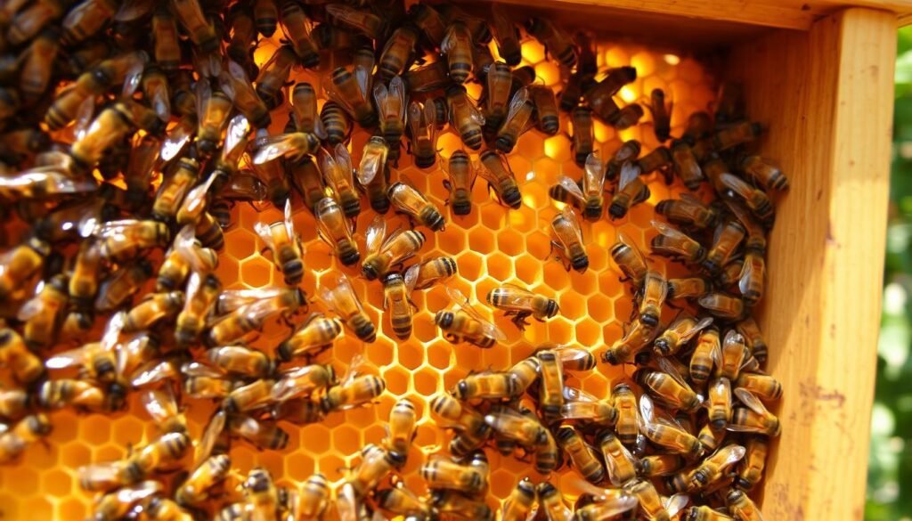 A close-up view inside a beehive during a hot summer day, showcasing a cluster of honeybees cooling the hive. In the foreground, vibrant worker bees fan their wings intensely around the brood area, creating a cool airflow to regulate temperature. The middle section features hexagonal honeycomb filled with honey and sealed brood, reflecting a warm golden hue under the warm sunlight filtering through the hive openings. The background shows the hive's wooden structure, with hints of green foliage outside, suggesting a hot climate. The lighting is warm and natural, highlighting the busy activity inside, while the atmosphere is lively yet focused, emphasizing the bees' instinctual behavior to manage heat. A close-up view inside a beehive during a hot summer day, showcasing a cluster of honeybees cooling the hive. In the foreground, vibrant worker bees fan their wings intensely around the brood area, creating a cool airflow to regulate temperature. The middle section features hexagonal honeycomb filled with honey and sealed brood, reflecting a warm golden hue under the warm sunlight filtering through the hive openings. The background shows the hive's wooden structure, with hints of green foliage outside, suggesting a hot climate. The lighting is warm and natural, highlighting the busy activity inside, while the atmosphere is lively yet focused, emphasizing the bees' instinctual behavior to manage heat.