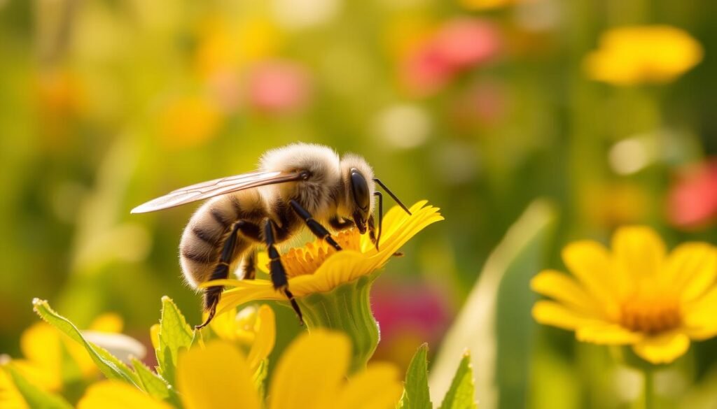 A close-up view of a Carniolan bee, showcasing its distinctive features such as the soft grayish black body and light banding on the abdomen. The foreground highlights the bee delicately perched on a vivid yellow flower, with fine details of pollen grains visible on its legs. In the middle ground, lush green leaves complement the scene, with glimpses of other colorful flowers blurred out. The background is a warm, sunlit meadow, giving a serene and inviting atmosphere. The lighting is soft and natural, simulating the golden hour, with a slightly shallow depth of field to draw focus to the bee. The overall mood is one of tranquility and harmony with nature.