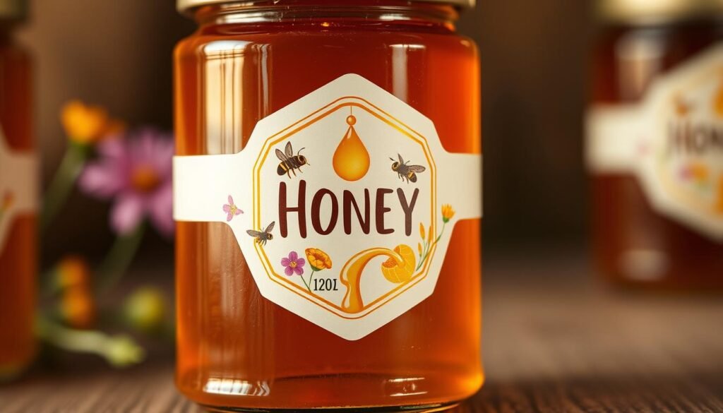 A close-up view of a beautifully designed honey label for packaging, prominently featuring a hexagon shape symbolizing honeycombs. The label includes elements like a stylized illustration of bees, golden honey drips, and vibrant wildflowers in the background, showcasing the natural origin of the honey. Soft, warm lighting accentuates the rich, amber color of the honey inside a clear glass jar. Use a shallow depth of field to focus on the label, while the background blurs slightly to create an inviting atmosphere. The overall mood is rustic yet professional, conveying authenticity and quality. A minimalist, elegant design approach fits within the framed context of U.S. labeling regulations, emphasizing clarity and compliance in visual branding. A close-up view of a beautifully designed honey label for packaging, prominently featuring a hexagon shape symbolizing honeycombs. The label includes elements like a stylized illustration of bees, golden honey drips, and vibrant wildflowers in the background, showcasing the natural origin of the honey. Soft, warm lighting accentuates the rich, amber color of the honey inside a clear glass jar. Use a shallow depth of field to focus on the label, while the background blurs slightly to create an inviting atmosphere. The overall mood is rustic yet professional, conveying authenticity and quality. A minimalist, elegant design approach fits within the framed context of U.S. labeling regulations, emphasizing clarity and compliance in visual branding.