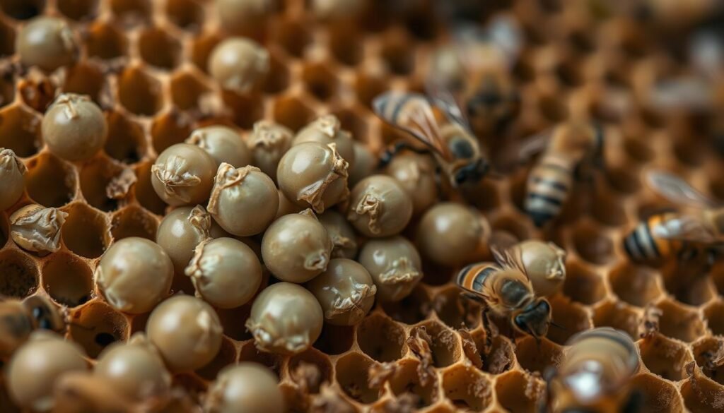 A close-up view of a bee colony exhibiting signs of chilled brood, focusing on a cluster of larvae within honeycomb cells. In the foreground, detailed larvae should appear discolored and shriveled, indicative of stress, with some displaying a cloudy, moistened appearance. In the middle ground, glistening honeycomb frames should be visible, with worker bees carefully tending to the affected larvae, depicted in gentle, muted lighting to enhance the somber mood. The background should feature a blurred hive interior, creating a sense of depth. The image should evoke concern for the well-being of the brood, using a macro photography style with a shallow depth of field, emphasizing the critical signs of chilled brood.