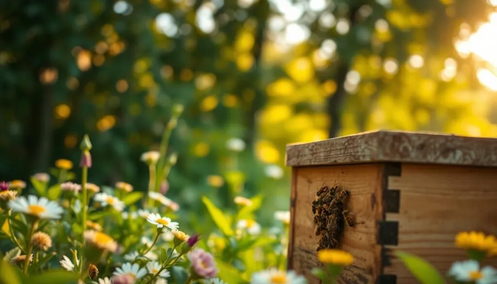 A close-up view of a bee hive in a garden