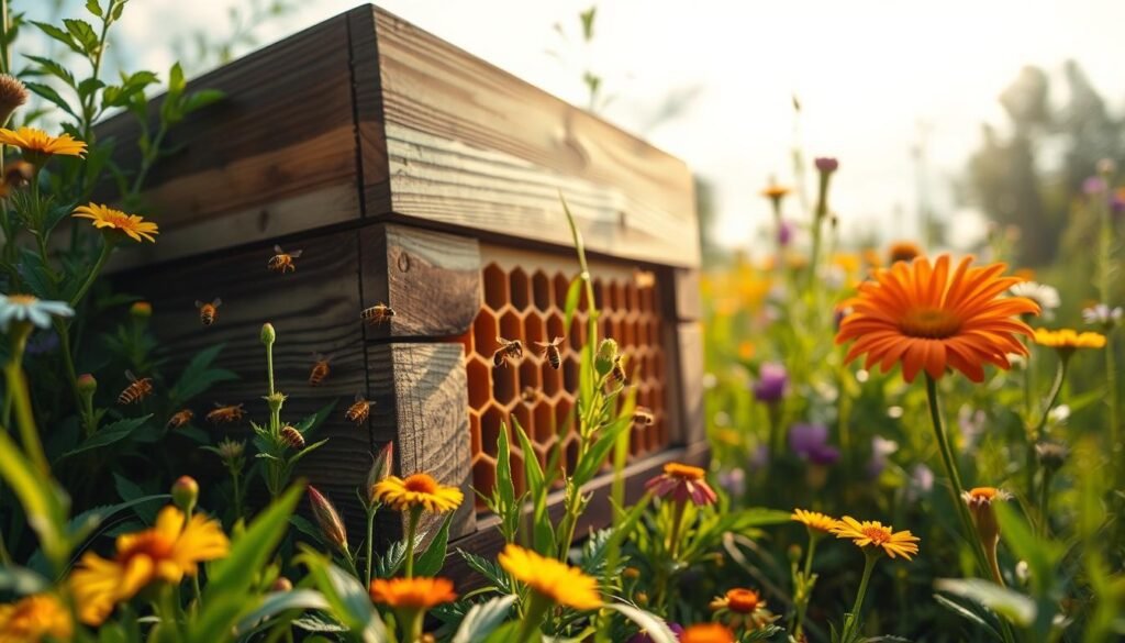 A close-up view of a bee hive nestled in a vibrant garden, surrounded by lush greenery and colorful wildflowers. In the foreground, honey bees are actively flying around the hive, illustrating their industrious nature. The middle section features the hive, detailed with hexagonal cells and a slightly weathered wooden exterior, showcasing the natural texture. The background fades into a bright, sunny sky with soft clouds, casting warm natural light on the scene, enhancing the idyllic atmosphere. Add gentle shadows to create depth, and utilize a shallow depth of field to softly blur the garden elements in the background, focusing on the hive. The overall mood should be peaceful and harmonious, reflecting a balanced natural ecosystem.
