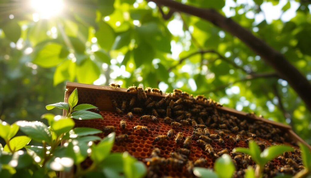 A close-up view of a bee hive nestled under the protective shade of a large, leafy tree in a humid climate. In the foreground, a honeycomb structure glistens with golden honey, surrounded by buzzing bees working diligently. The midground features vibrant green foliage with drops of dew reflecting the morning light, creating a sense of freshness. In the background, soft, diffused sunlight filters through the leaves, casting gentle shadows that enhance the serene atmosphere. The scene conveys a harmonious balance between nature and the industrious life of bees, emphasizing the thriving ecosystem essential for beekeeping in humid conditions. The composition should evoke a warm, peaceful mood, inviting the viewer to appreciate the natural beauty and complexity of beekeeping.