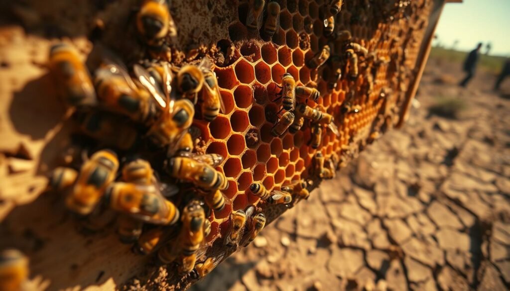 A close-up view of a beehive during a drought, focusing on the bees exhibiting signs of dearth. In the foreground, bees are seen clustering together with some showing signs of distress, their bodies slightly weakened. The middle ground features a honeycomb with fewer cells filled with honey, emphasizing a lack of resources. The background displays a parched landscape with cracked soil and dry vegetation under a harsh, bright sun casting sharp shadows. The lighting should evoke a sense of urgency and concern, with warmer hues reflecting the dry, hot atmosphere. The image should feel somber yet informative, illustrating the challenge bees face in such conditions, with a sharp focus and clear details to highlight the severity of drought impact on hive activity.
