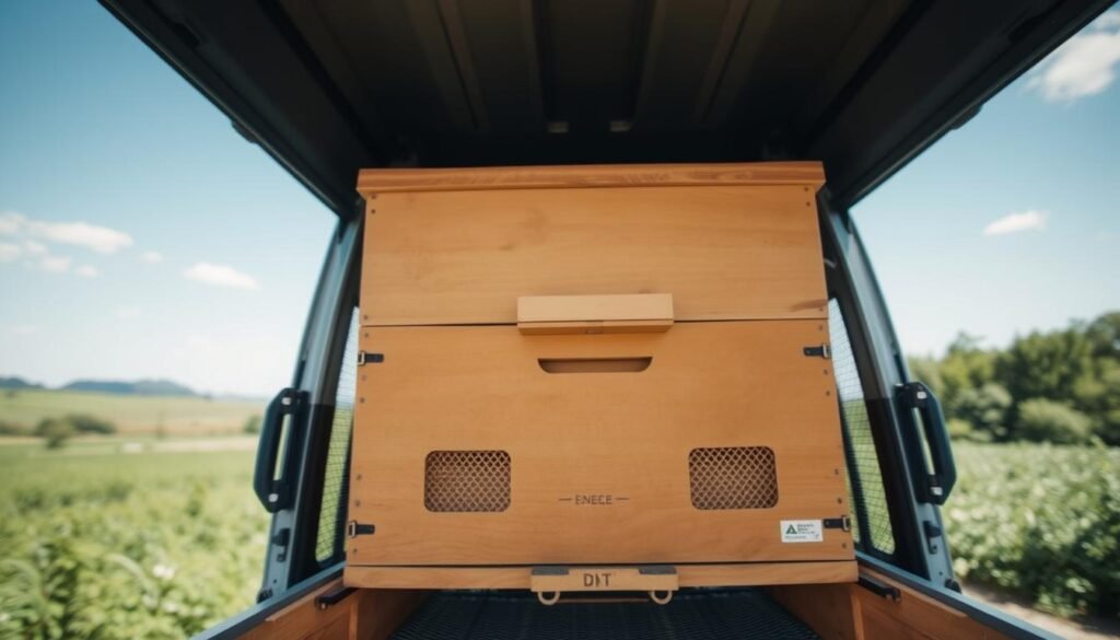 A close-up view of a beehive during transport, highlighting a well-ventilated design that allows airflow for temperature control. In the foreground, show the intricately designed entrance of the hive with mesh ventilation panels. In the middle ground, depict the hive on a transport platform, surrounded by lush greenery to suggest a short-distance move. The background should feature a gentle landscape with distant trees and a clear blue sky to create a tranquil atmosphere. Soft, natural sunlight filters through, casting gentle shadows that emphasize the hive’s texture. Capture the scene from a slightly elevated angle to showcase the ventilation system and convey a sense of calm and careful handling of the beehive.