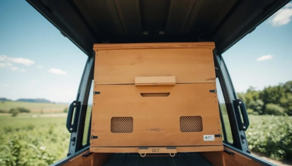 A close-up view of a beehive during transport, highlighting a well-ventilated design that allows airflow for temperature