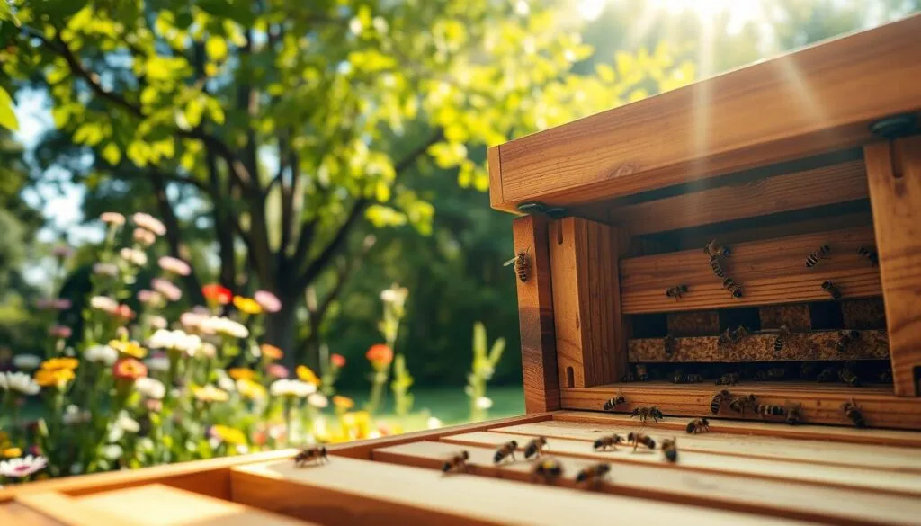 A close-up view of a beehive entrance designed for optimal airflow and congestion control, set in a lush garden during a bright summer day. In the foreground, showcase the intricate wooden construction of the hive, with bees actively entering and exiting. The middle ground features a well-maintained flower garden, with vibrant blooms attracting more bees and promoting natural ventilation. The background features green trees swaying gently in the breeze, creating a sense of calm and relaxation. The image is illuminated by soft, natural lighting, with sun rays filtering through the leaves, casting dappled shadows. The overall mood is serene and productive, capturing the harmonious relationship between bees and their environment while emphasizing effective hive management practices. A close-up view of a beehive entrance designed for optimal airflow and congestion control, set in a lush garden during a