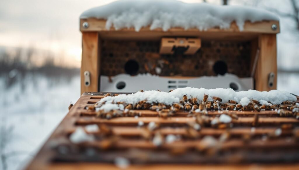 A close-up view of a beehive in winter, emphasizing effective ventilation techniques. In the foreground, an open hive shows bees clustered securely around the brood area, with light snow gently resting on top. The middle ground features strategically placed ventilation holes, well-insulated walls with a subtle sheen of frost, and a controlled airflow system visible. In the background, soft, diffused winter light filters through a cloudy sky, creating a serene atmosphere. The image conveys the importance of air circulation in maintaining hive health, with sharp focus on ventilation points and a depth of field effect to draw attention to the hive's interior. The overall mood is calm and contemplative, highlighting the attentive care of beekeeping. A close-up view of a beehive in winter, emphasizing effective ventilation techniques. In the foreground, an open hive shows bees clustered securely around the brood area, with light snow gently resting on top. The middle ground features strategically placed ventilation holes, well-insulated walls with a subtle sheen of frost, and a controlled airflow system visible. In the background, soft, diffused winter light filters through a cloudy sky, creating a serene atmosphere. The image conveys the importance of air circulation in maintaining hive health, with sharp focus on ventilation points and a depth of field effect to draw attention to the hive's interior. The overall mood is calm and contemplative, highlighting the attentive care of beekeeping.