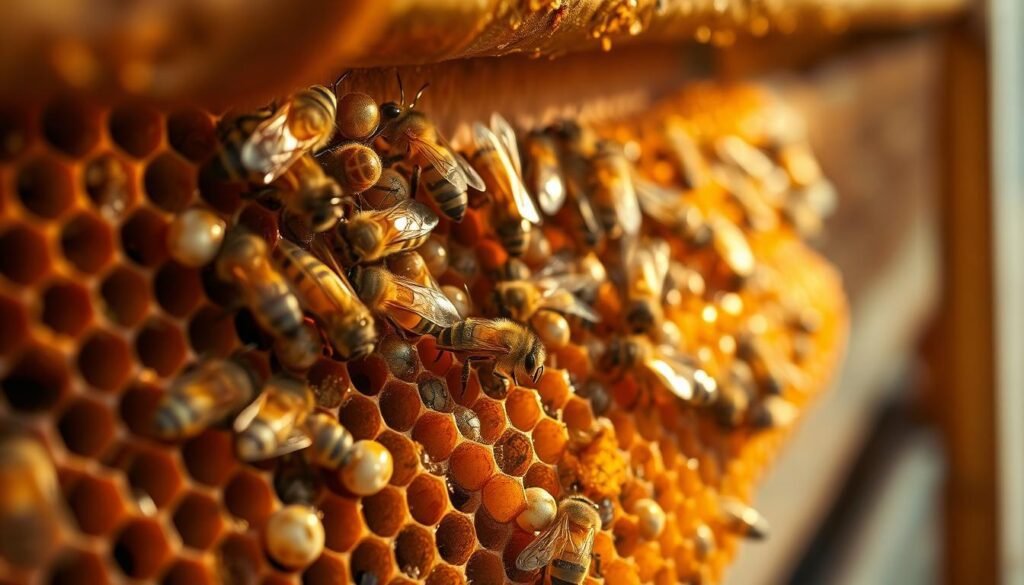 A close-up view of a beehive interior, focusing on a section with comb filled with chilled brood. In the foreground, detailed honeycomb cells show larvae in various stages of distress, some discolored and shriveled. The middle layer features worker bees clustered closely around the brood, exhibiting signs of worry with antennae raised. The background includes the subtle contours of hive walls, rendered in warm wood tones, with a soft honey-like glow reflecting ambient light. The lighting is warm and inviting, emulating a late afternoon sun filtering through the hive. The overall atmosphere is one of concern and urgency, highlighting the significance of identifying chilled brood. The image should feel informative and educational, fostering understanding of this crucial aspect of beekeeping.
