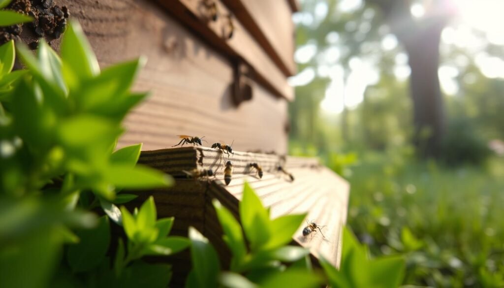 A close-up view of a beehive situated in a lush garden, with a focus on ants attempting to invade the hive. In the foreground, vibrant green foliage creates a natural barrier, while the middle ground showcases a wooden beehive crafted from sturdy materials, with bees buzzing around it. Ants are depicted in detail, climbing on the hive’s surface, representing a common challenge for beekeepers. The background features soft, diffused sunlight filtering through the trees, creating a warm and tranquil atmosphere. The image should be captured with a macro lens to highlight the intricate details of the ants and hive, evoking a sense of vigilance and care among beekeepers. The overall mood is informative and educational, emphasizing the importance of hive protection.