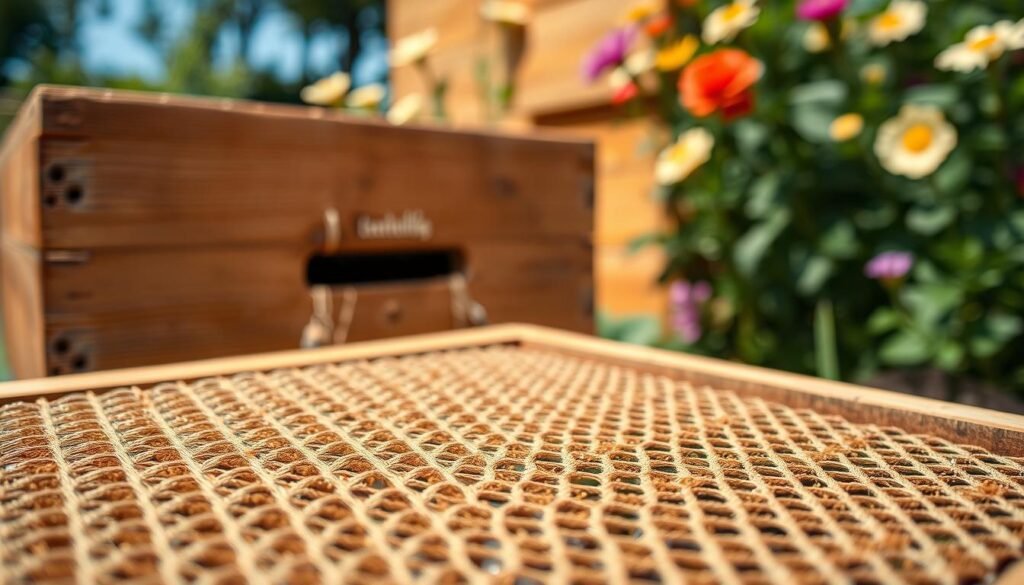 A close-up view of a beehive's bottom ventilation mesh, intricately designed to promote airflow for healthier bee colonies. In the foreground, the mesh is made of a fine, honeycomb-patterned material, with small gaps allowing airflow while preventing pests from entering. The middle ground features a wooden beehive painted in earthy tones, showcasing its rustic texture and weathered wood grain. The background is blurred, depicting a sunny garden with blooming flowers and vibrant greenery, creating an inviting atmosphere. Soft, natural lighting highlights the mesh, casting gentle shadows, while a shallow depth of field draws attention to the intricate details of the ventilation. The overall mood is serene and productive, emphasizing the importance of ventilation in beekeeping.