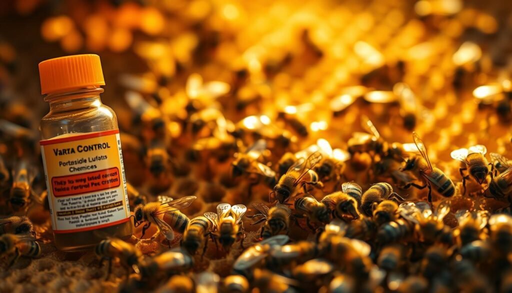 A close-up view of a beehive's interior, showcasing Varroa control chemicals alongside healthy, thriving bees. In the foreground, vivid details of a small vial of bright-colored pesticide with a label, positioned next to a bee comb covered with bees of various colors and sizes. The middle ground reveals the textured surface of honeycomb cells, some filled with honey and brood. In the background, soft, warm lighting filters through, casting golden hues over the scene, emphasizing the contrasting impact of chemicals on the bees. The overall atmosphere is one of cautious observation, portraying both the struggle against Varroa mites and the resilience of bee colonies, captured with a shallow depth of field to create a focused, intimate portrayal.