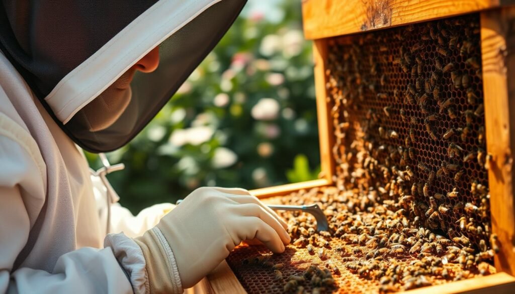 A close-up view of a beekeeper in professional attire, inspecting a wooden hive during a sunny day. The beekeeper, wearing a protective suit and veil, carefully examines a frame filled with honeycomb and bees. In the foreground, the hive is vibrant, with bees bustling around, showcasing a sense of busy activity. The middle ground features the beekeeper focused on their task, using a hive tool for inspection, while the background shows a lush green garden with blooming flowers, highlighting the natural environment that supports the bee colony. Soft, warm sunlight highlights the scene, creating a serene and inviting atmosphere, perfect for conveying the importance of thorough hive inspection.