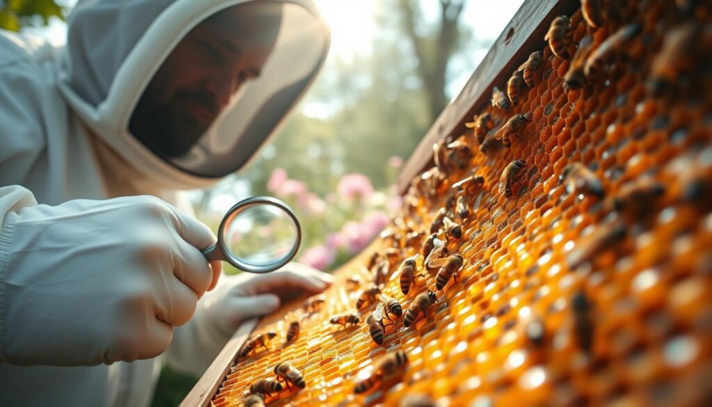 A close-up view of a beekeeper inspecting a honeybee colony, focused on the intricate details of a honeycomb filled with hexagonal cells. The beekeeper, dressed in a professional bee suit, carefully examines the comb with a hive tool in one hand and a magnifying glass in the other. In the foreground, the glistening honeycomb reveals bees working diligently, showcasing a mix of capped and uncapped cells. The middle ground features vibrant flowers blooming nearby, emphasizing the environment. In the background, soft, diffused sunlight filters through the trees, creating a warm, inviting atmosphere. The image conveys a sense of careful observation and expert analysis, highlighting the importance of diagnosing the colony before pushing for comb building.