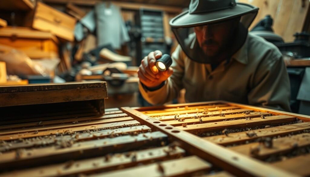 A close-up view of a beekeeper inspecting stored wooden beehive frames, focusing on spotting wax moths. In the foreground, include detailed frames with signs of moth activity, such as webbing and frass. The middle ground should feature the beekeeper, dressed in professional attire, using a flashlight to illuminate the frames, casting soft, warm light that highlights the severity of the infestation. The background shows a cluttered storage area with various beekeeping equipment, slightly out of focus to enhance depth. The atmosphere is tense yet informative, showcasing the urgency of detecting pest issues early in the maintenance of beekeeping equipment.
