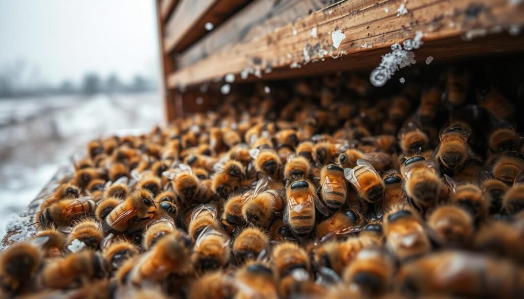 A close-up view of a cluster of bees nestled together in a beehive during late winter. The foreground showcases the bees with detailed textures, their fuzzy bodies and delicate wings, creating a sense of warmth despite the cold surroundings. In the middle ground, the wooden frames of the hive are visible, slightly frosted, with the bees forming a tight cluster to conserve heat. The background presents a soft, wintry landscape, with gentle falling snowflakes and a muted gray sky, enhancing the atmosphere of winter. The lighting is soft and diffused, mimicking an overcast day, with a focus on the natural behavior of the bees in preparation for the coming spring. The overall mood is tranquil and industrious, capturing the essence of late winter hive care.
