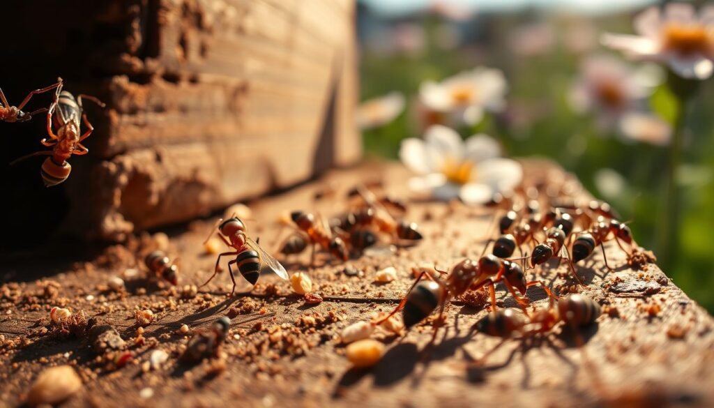 A close-up view of a colony of ants in action, meticulously detailed to showcase their intricate body structures and behaviors. The foreground displays a few ants crawling over a wooden beehive, emphasizing their determination, with tiny grains of soil and pollen visible around them. In the middle ground, a slightly blurred but detailed view of more ants can be seen, forming a line as they carry food back to their colony. The background features a soft-focus garden scene with blooming flowers, providing a serene contrast to the ants’ industriousness, bathed in warm, natural sunlight that creates gentle shadows. The atmosphere is both vibrant and tense, highlighting the ongoing battle between the ants and the beehive's defenses.